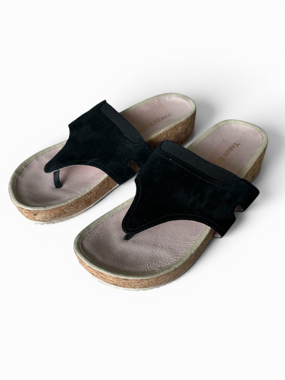 Taryn Rose Black Suede Cork Wedge Thong Sandals with Pink Insole
